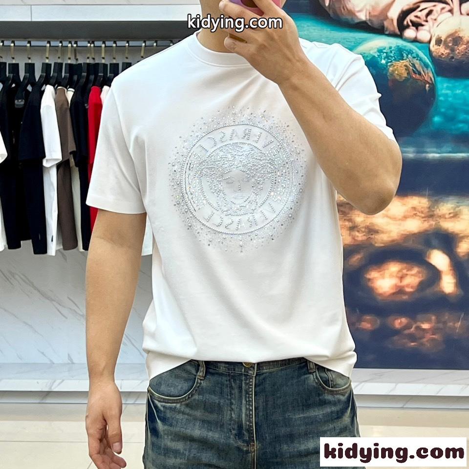 ラインストーンロゴ 半袖Tシャツ ヴェルサーチェ Tシャツ 偽物 ホワイト-1
