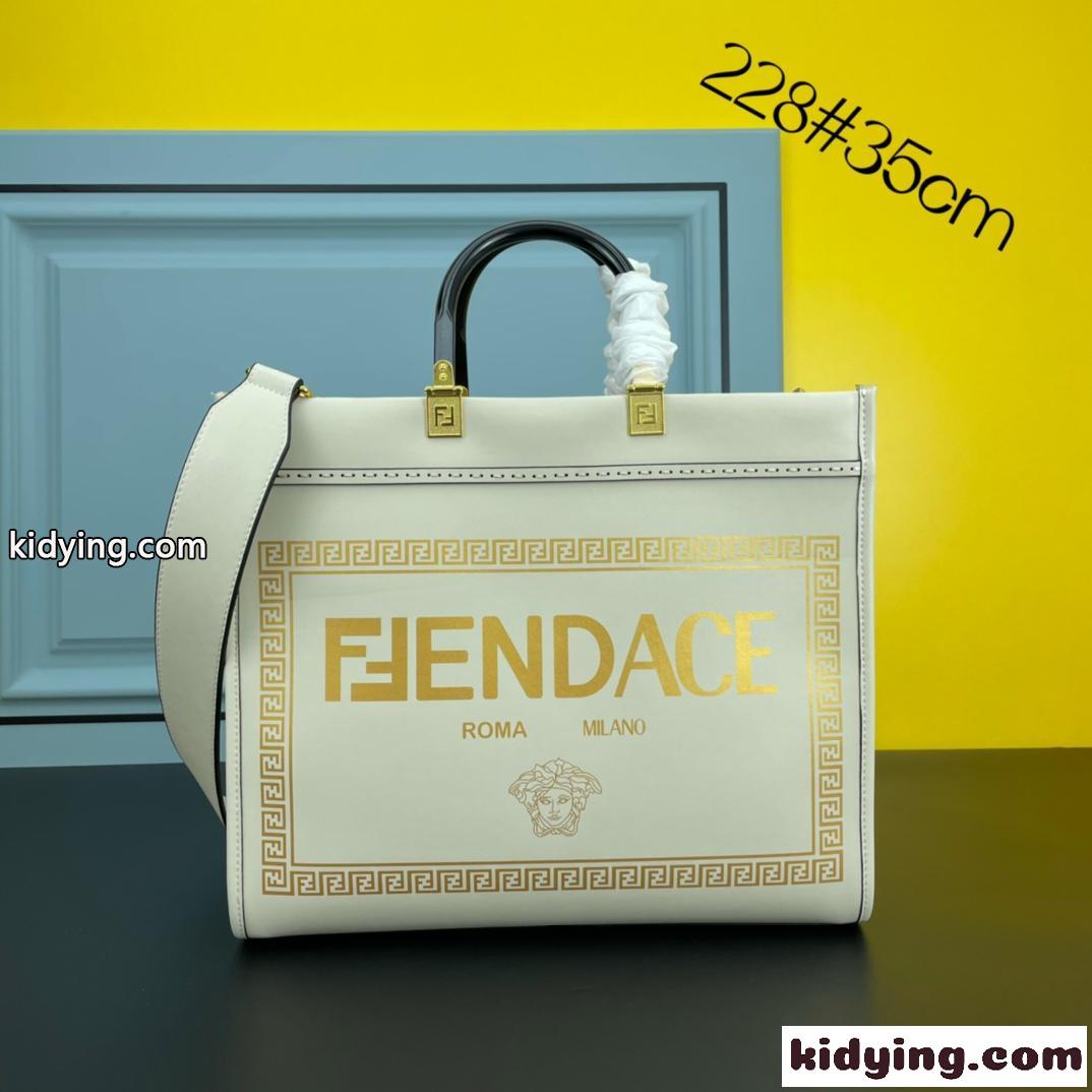 Fendace プリント ホワイト レザー ロゴ フェンディ バッグ 人気 コピー レディース 2WAY トートバッグ-2