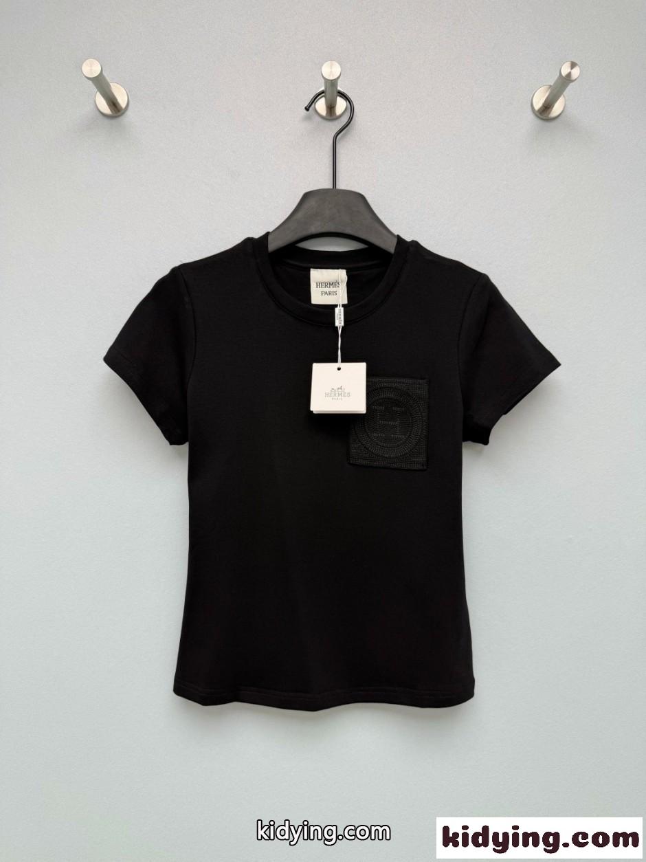 エンブローデッド ポケット 半袖Tシャツ エルメス Tシャツ コピー ブラック-0