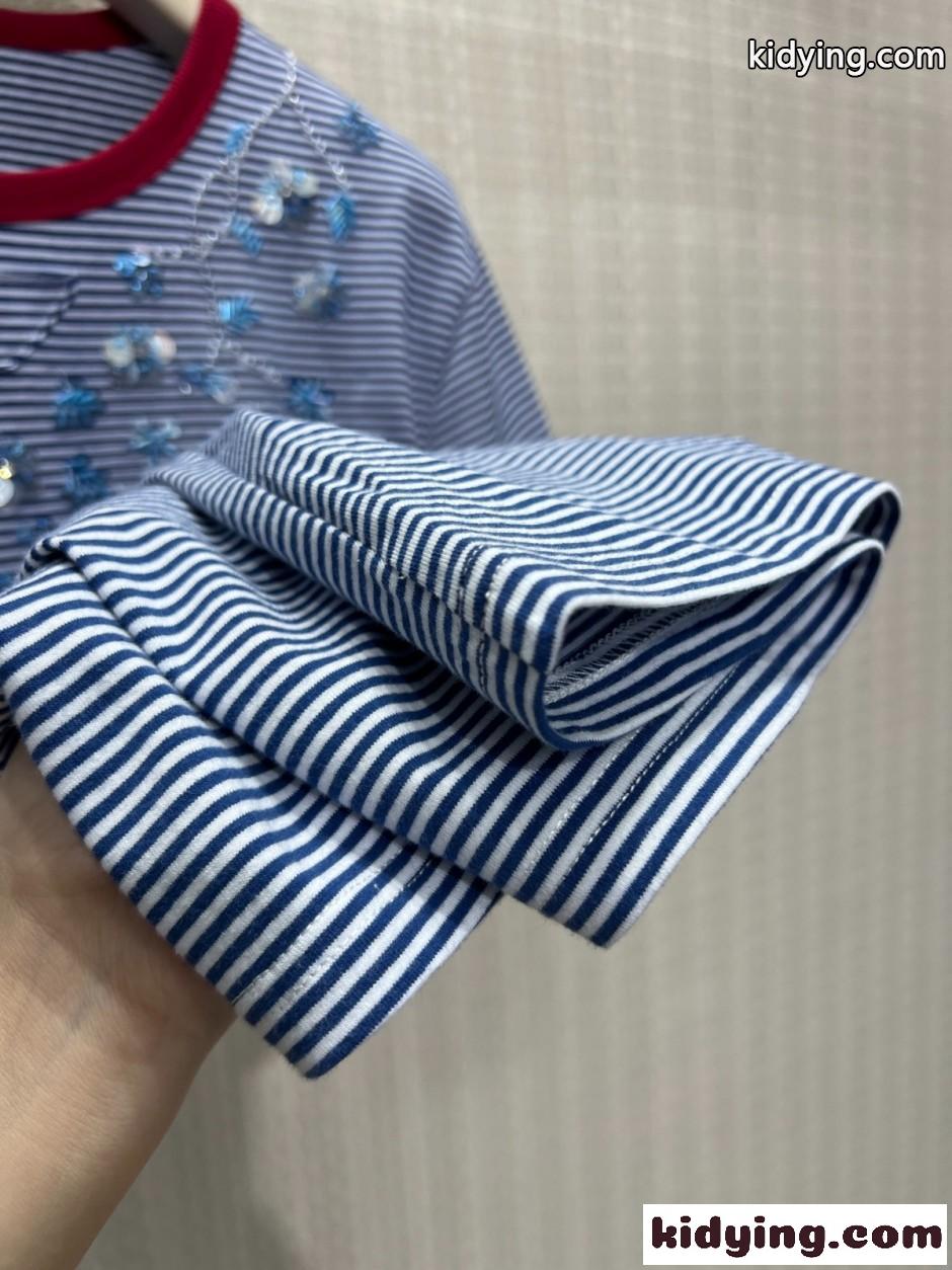 スパンコール刺繍 ボーダーストライプ 半袖Tシャツ プラダ Tシャツ 偽物-3