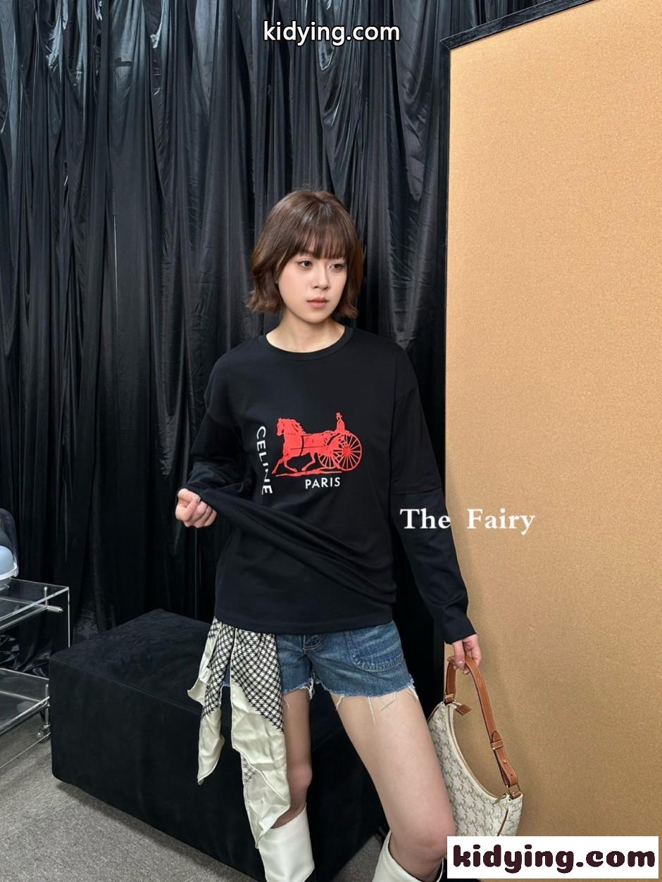 ロゴプリント フェイクレイヤード 長袖Tシャツ セリーヌ Tシャツ 偽物 ブラック-4