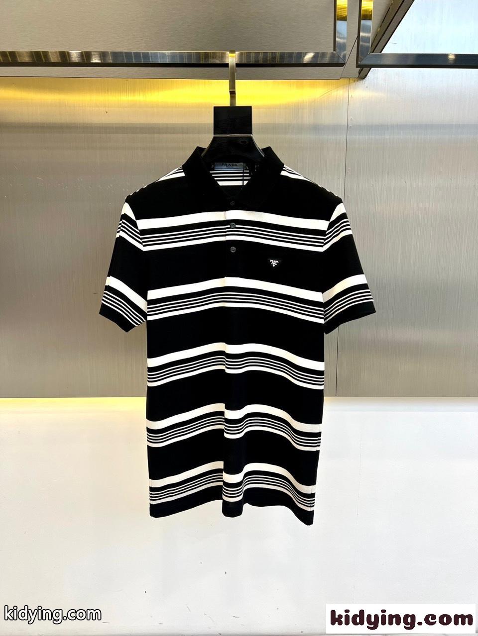 カジュアル ボーダー ポロシャツ プラダ Tシャツ 偽物 半袖トップス ブラック-0