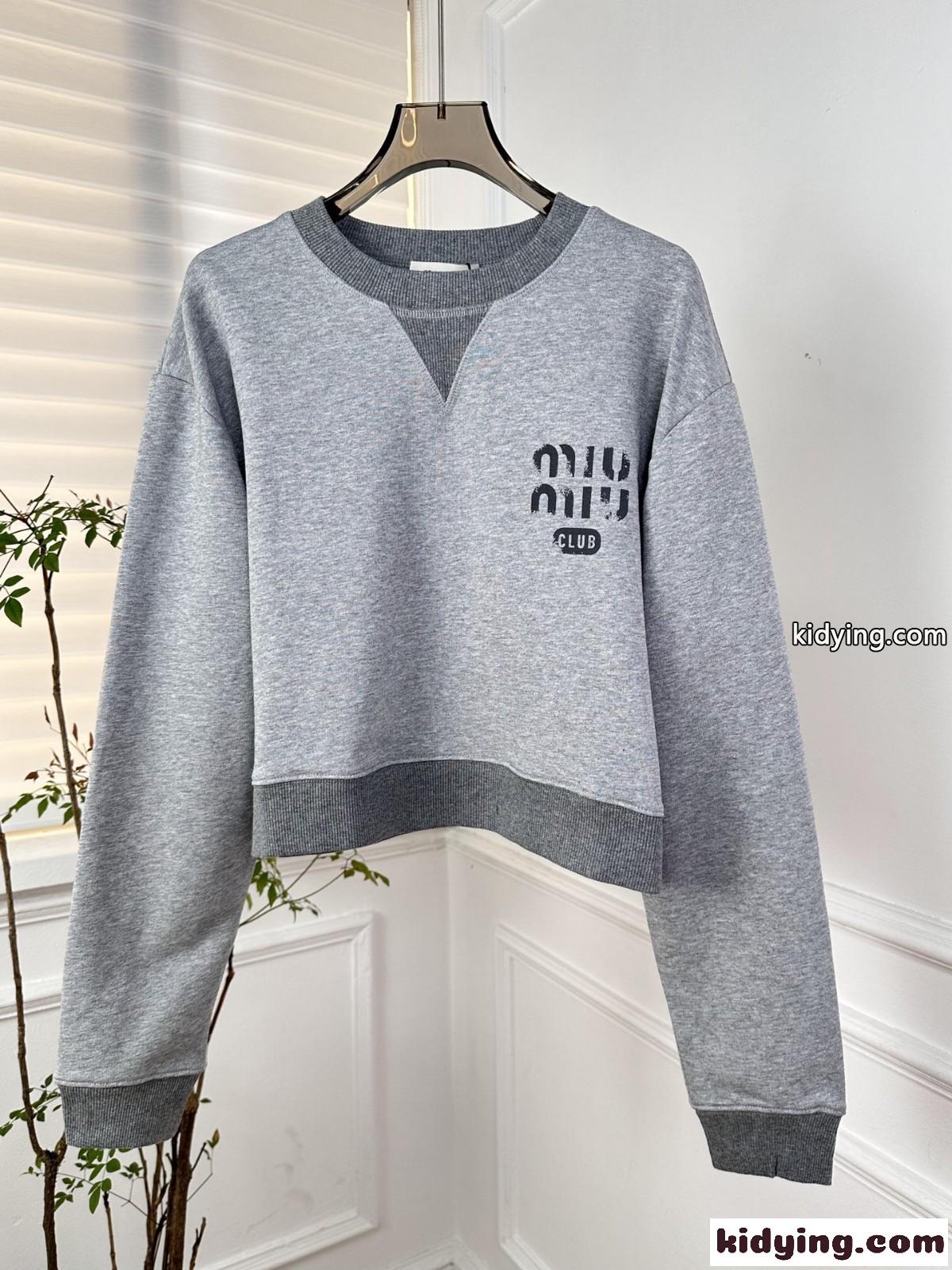 コットン クルーネック スウェットシャツ ミュウミュウ Tシャツ コピー グレー-0
