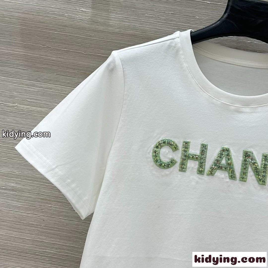 シンプル ロゴ入り コットン 半袖Tシャツ シャネル Tシャツ コピー クルーネック-0