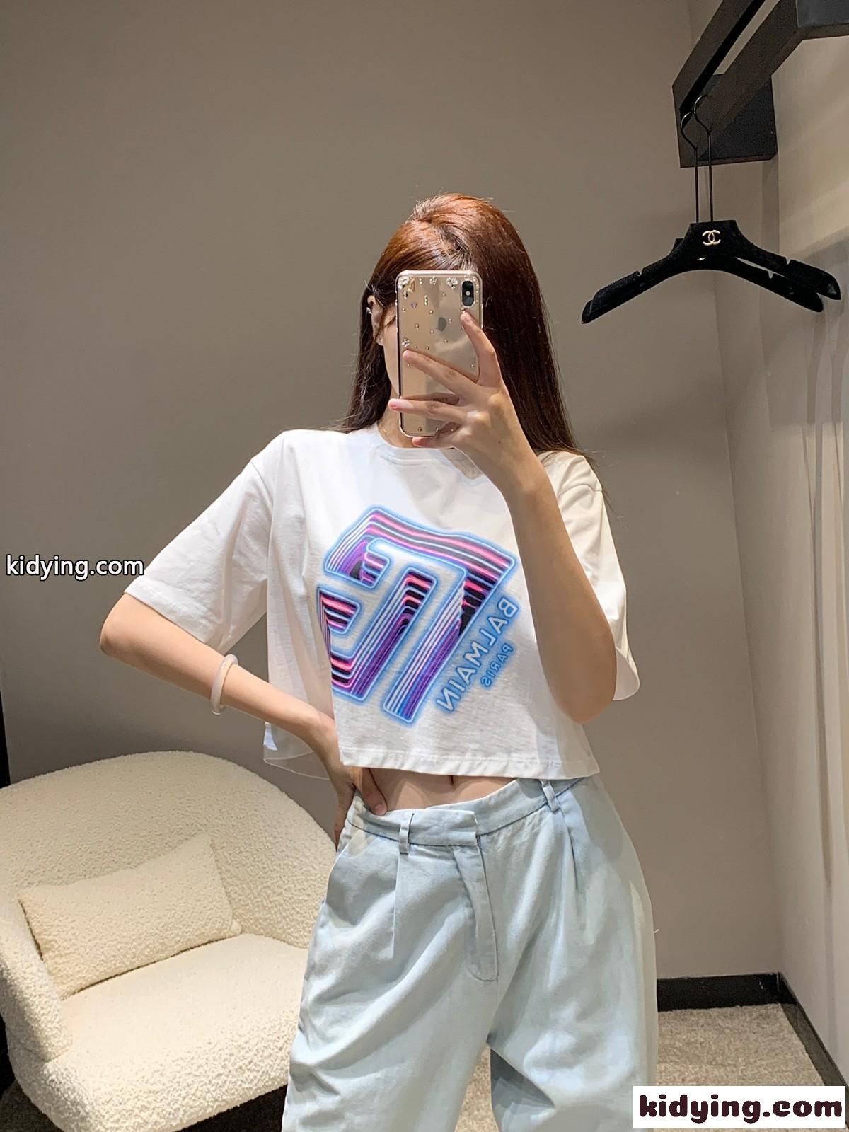 オンカラープリント クロップドTシャツ バルマン 半袖Tシャツ コピー-5