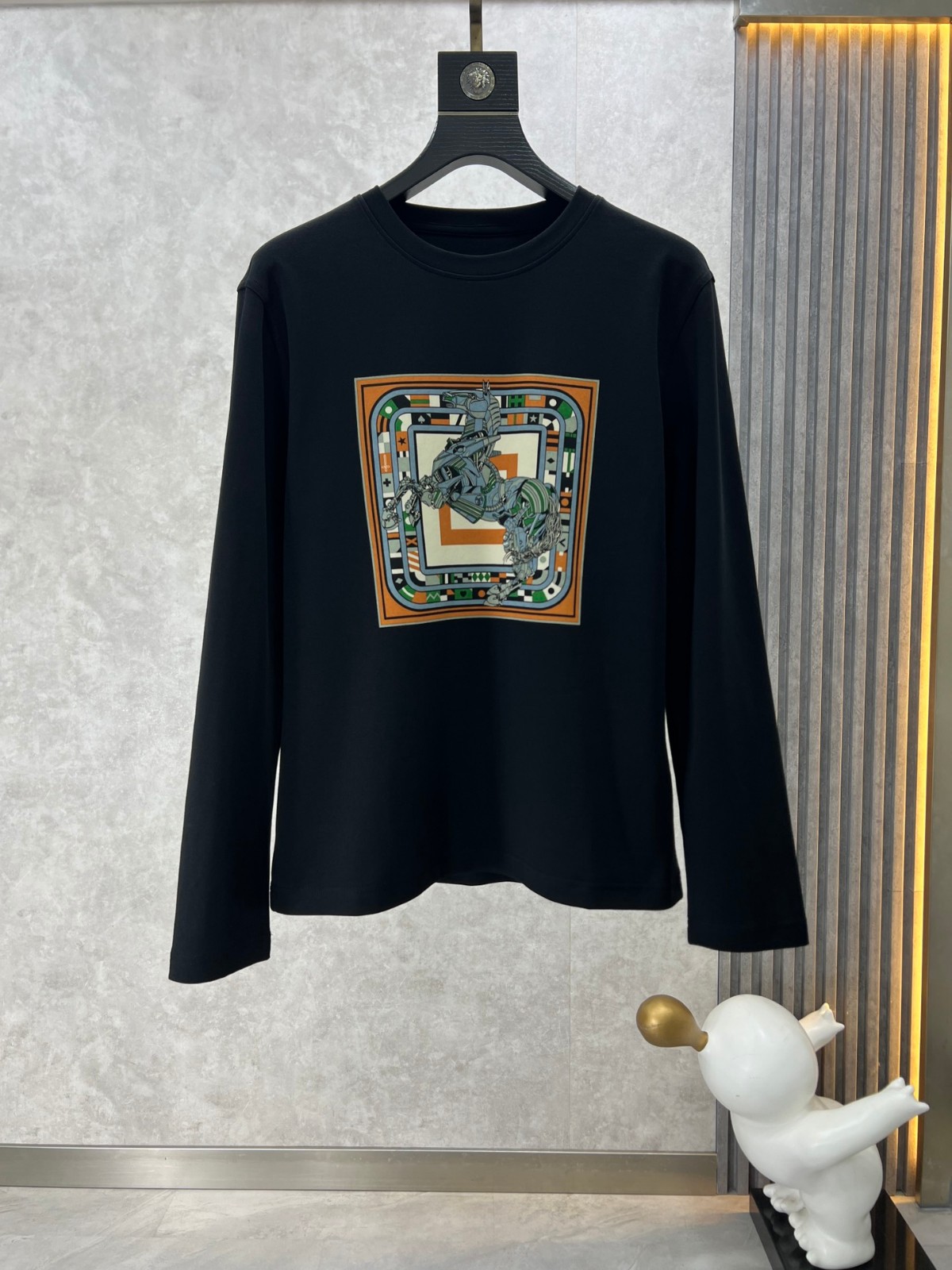 ベーシック プリント クルーネック 長袖Tシャツ エルメス Tシャツ コピー ブラック-1