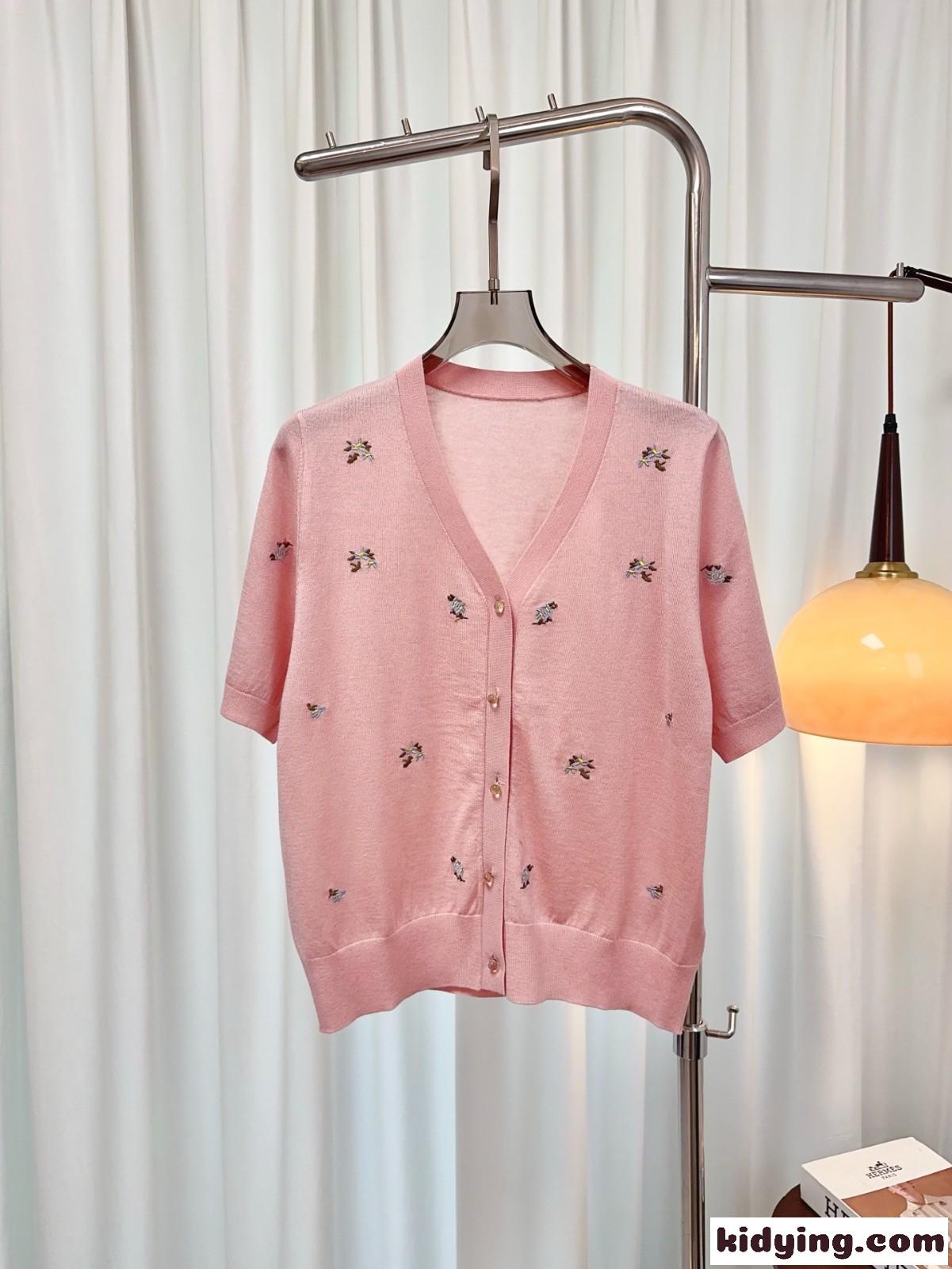 刺繍入り Vネック 半袖カーディガン プラダ ニット 偽物 レディース ピンク-0