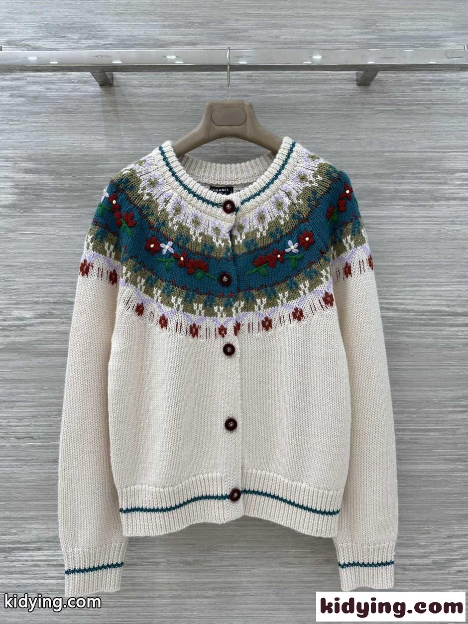フェアアイル＆フラワー刺繍 クルーネック ニットカーディガン シャネル ニット コピー-0