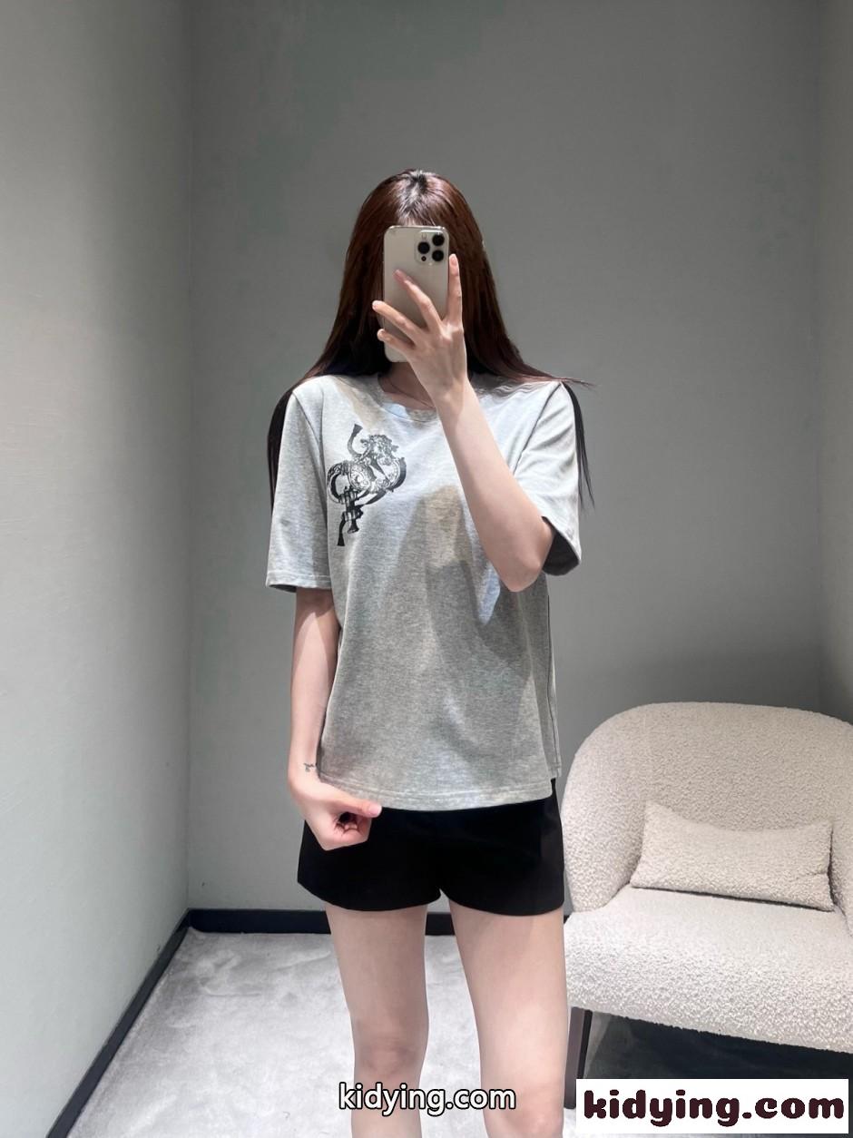 コットン プリント 半袖Tシャツ エルメス Tシャツ コピー クルーネック グレー-4