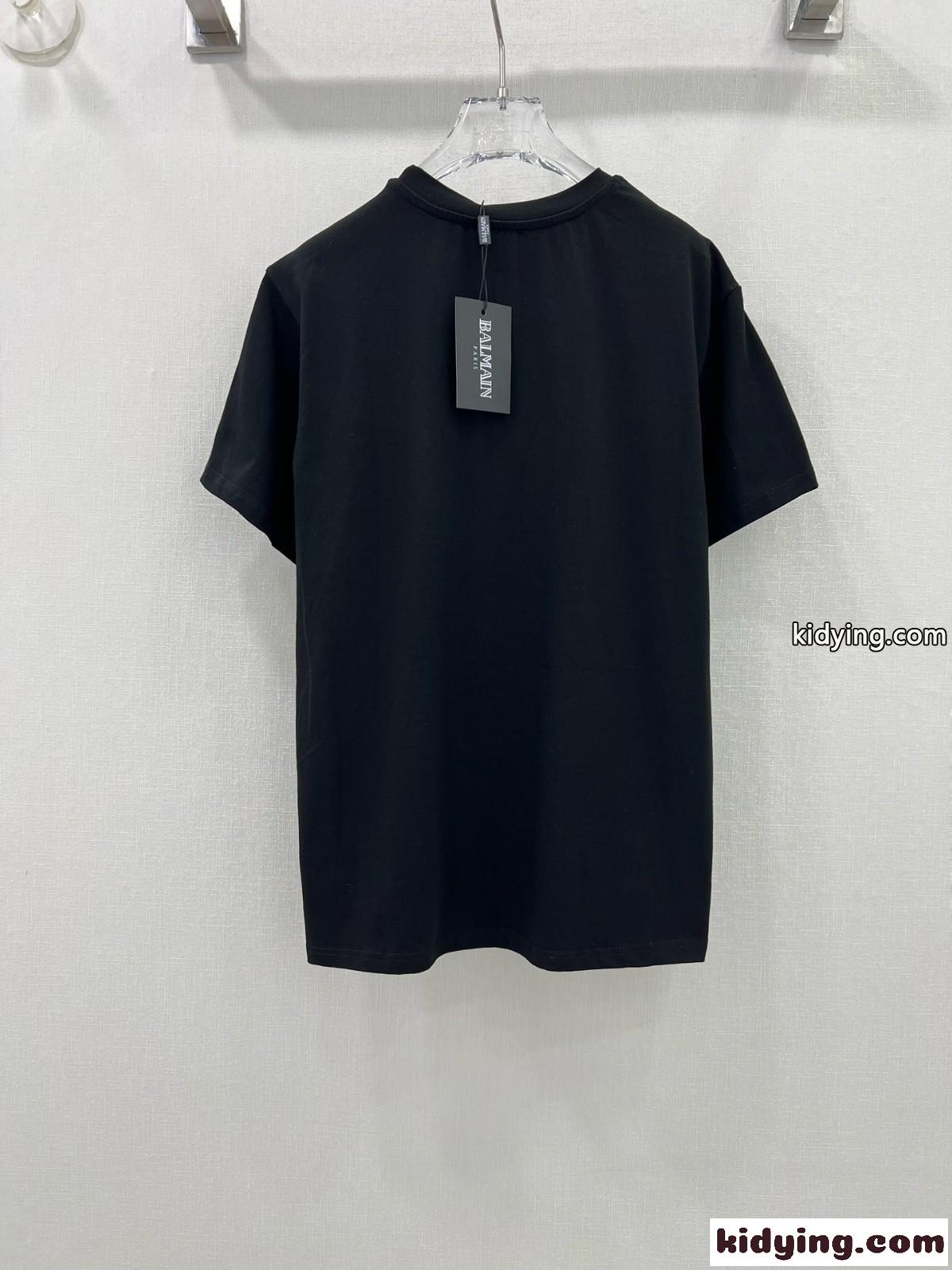 バルマン Tシャツ コピー ラインストーン ロゴ 半袖Tシャツ ブラック-3