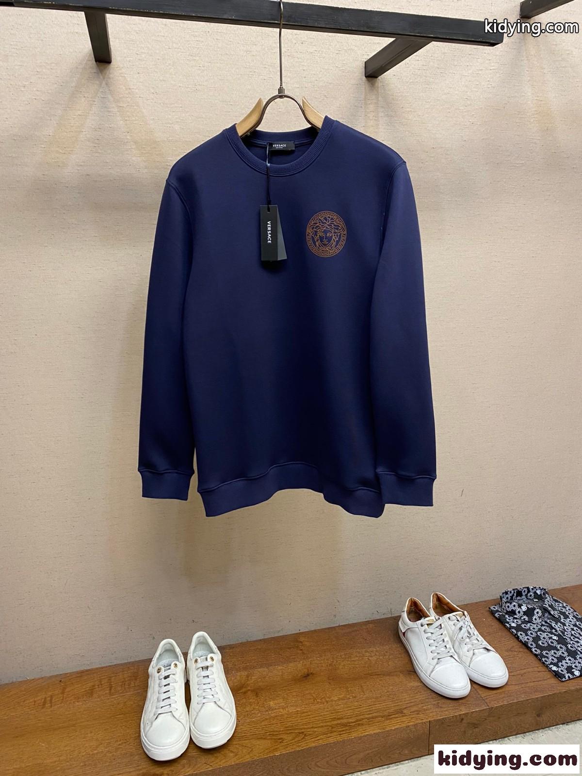 ヴェルサーチェ Tシャツ コピー コットン シンプル ロゴ クルーネック スウェットシャツ ブルー-0
