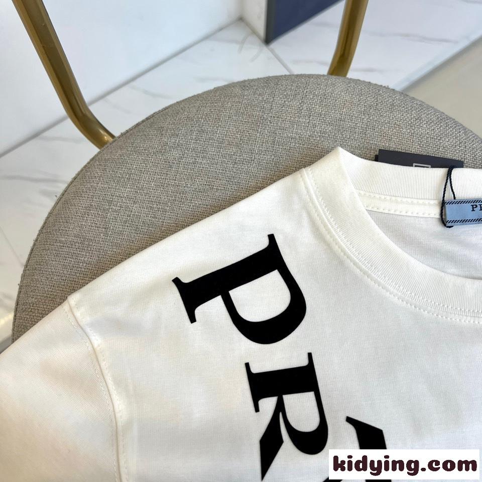 シンプル ロゴプリント 半袖Tシャツ プラダ Tシャツ 偽物 クルーネック ホワイト-2