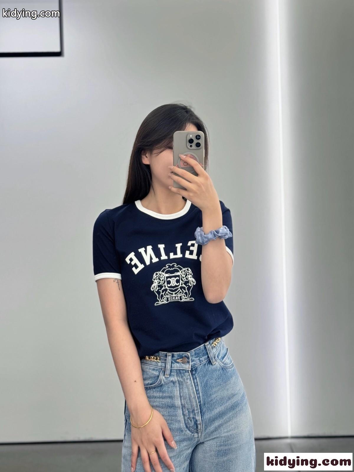 飽きのこない 人気 コットン 半袖Tシャツ セリーヌ Tシャツ コピー ブルー-4
