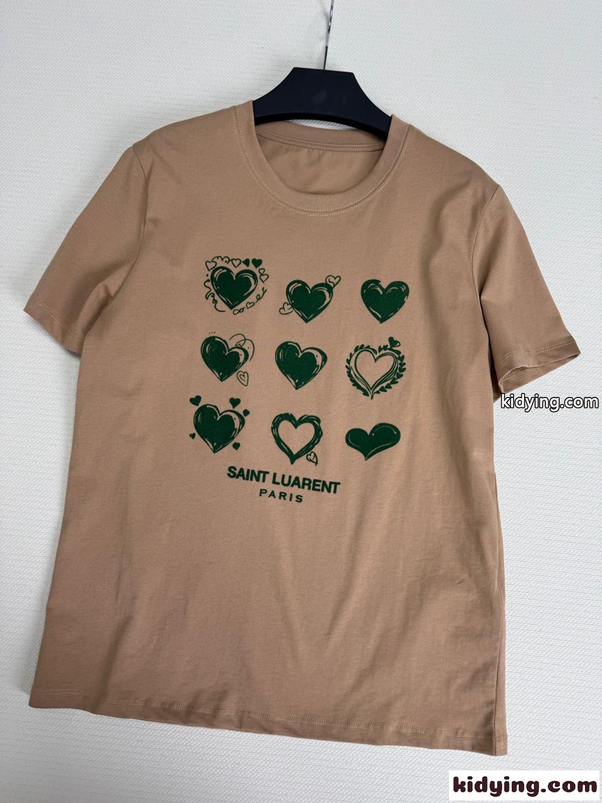 シンプル プリント コットン 半袖Tシャツ イヴ・サンローラン Tシャツ コピー キャメル-2