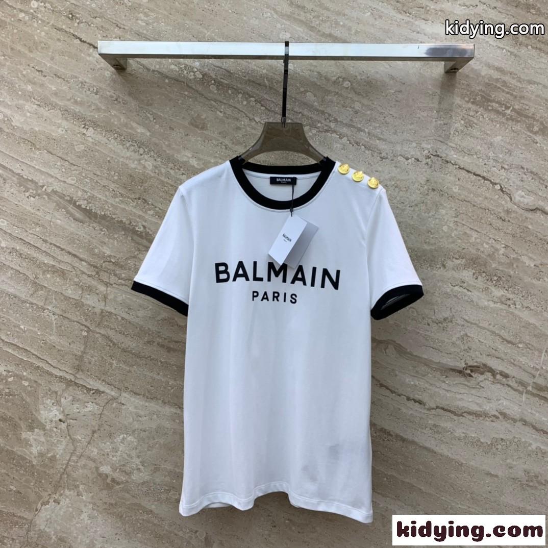 定番 カジュアル コットン 半袖Tシャツ バルマン Tシャツ コピー ホワイト-0
