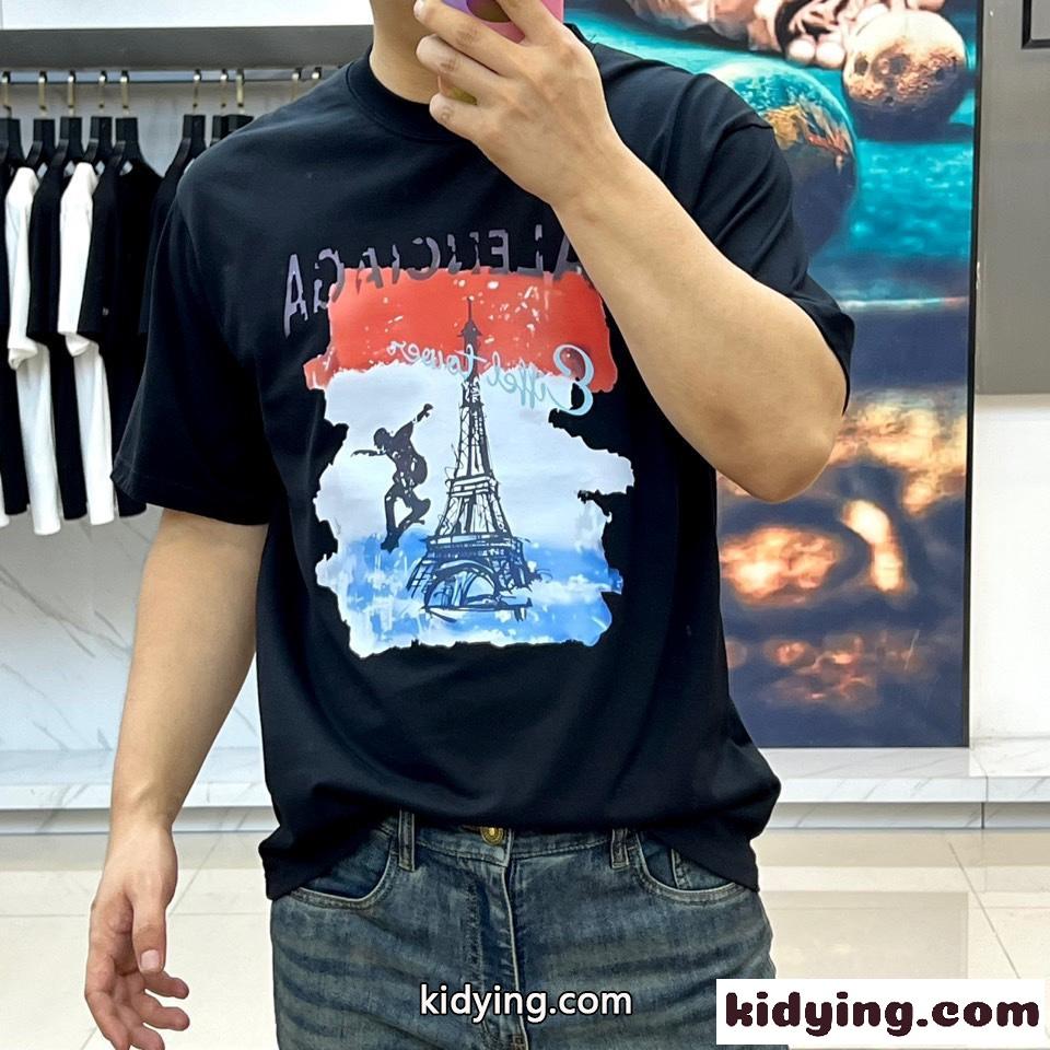 カジュアル プリント バレンシアガ Tシャツ 偽物 クルーネック 半袖トップス ブラック-2