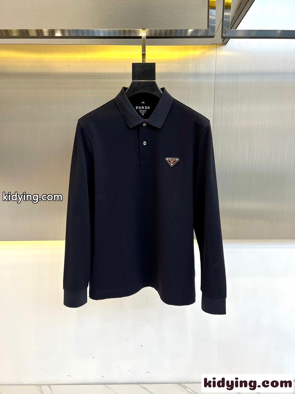 カジュアル 上品 コットン 長袖 ポロシャツ プラダ Tシャツ コピー ネイビー-0