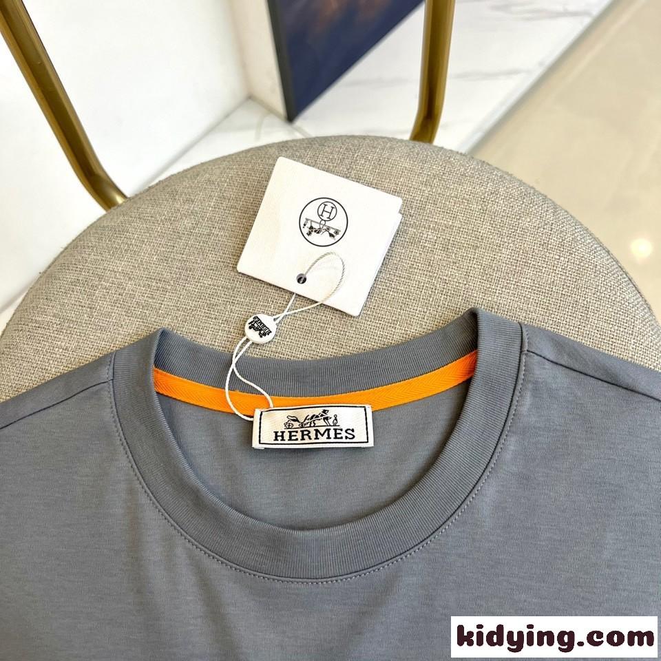 シンプル 上品 コットン クルーネック エルメス Tシャツ 偽物 半袖トップス グレー-0