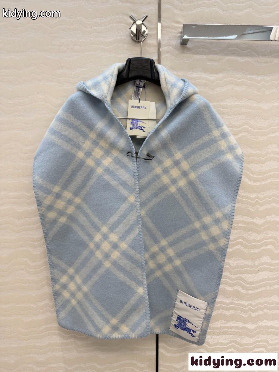 チェック ウール フーデッドスカーフ バーバリー スカーフ スーパーコピー ライトブルー-1