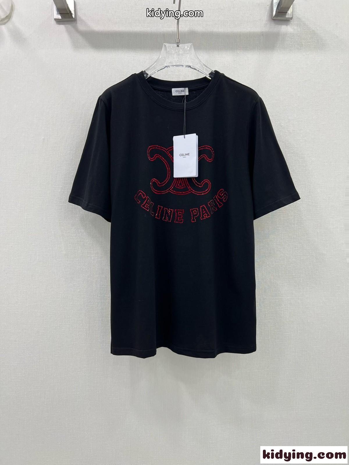 ラインストーン付き ロゴ 半袖Tシャツ セリーヌ Tシャツ コピー ブラック-0