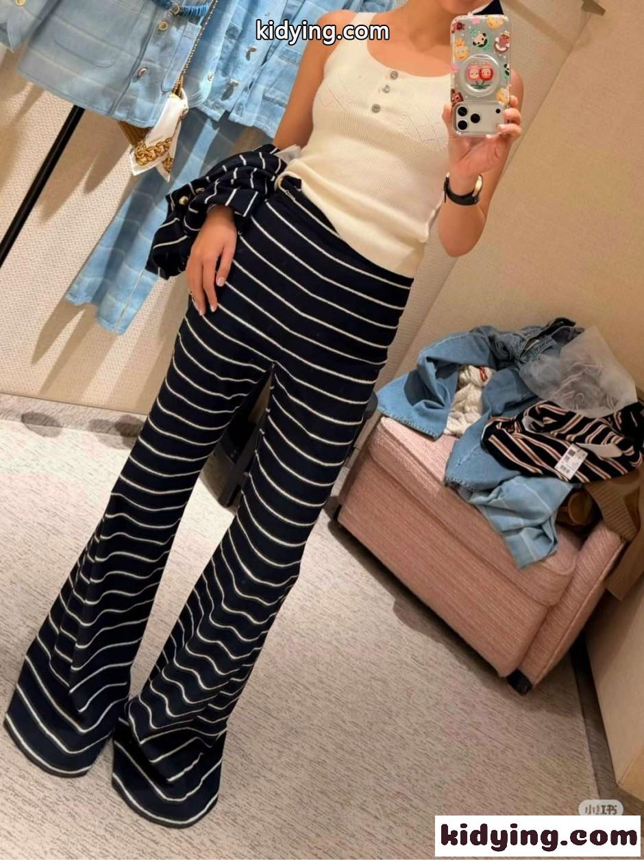 スタイルアップ☆上品 ボーダー パンツ 26C シャネル パンツ 偽物-3
