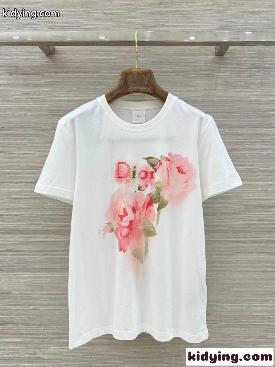クリスチャン・ディオール Tシャツ 偽物 フラワープリント ロゴ刺繍 クルーネック 半袖Tシャツ-0