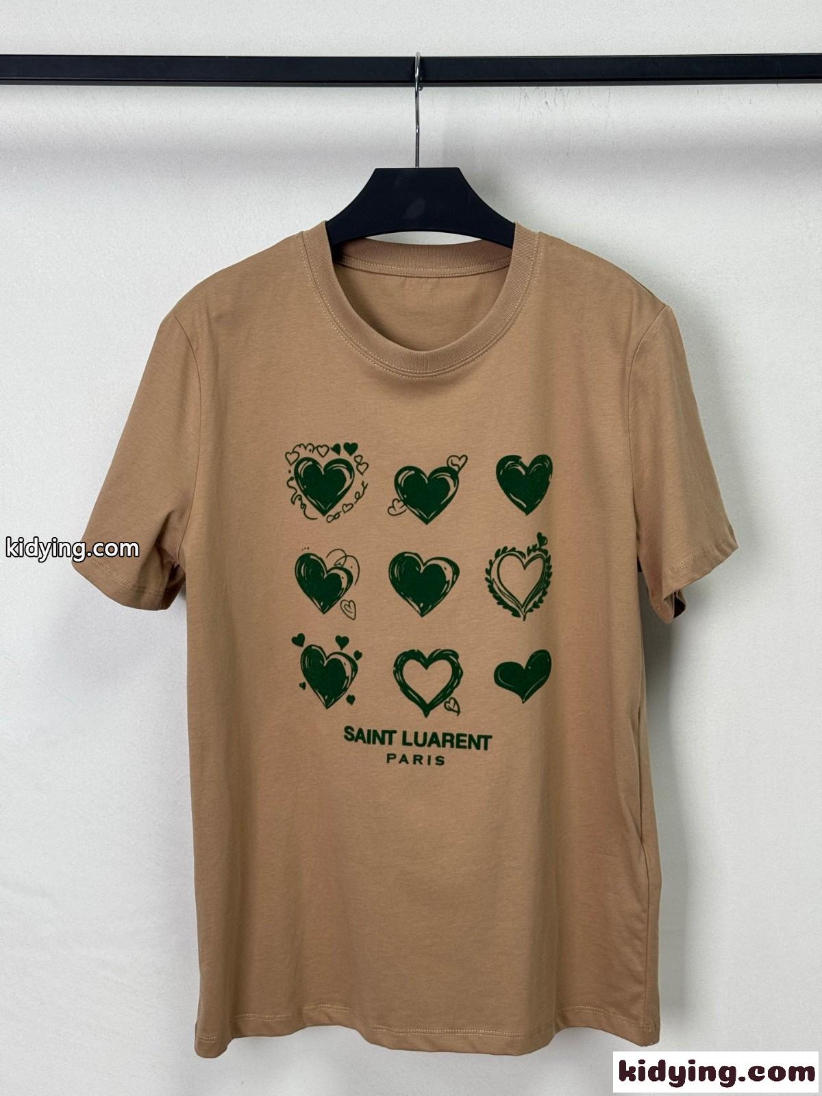 シンプル プリント コットン 半袖Tシャツ イヴ・サンローラン Tシャツ コピー キャメル-1