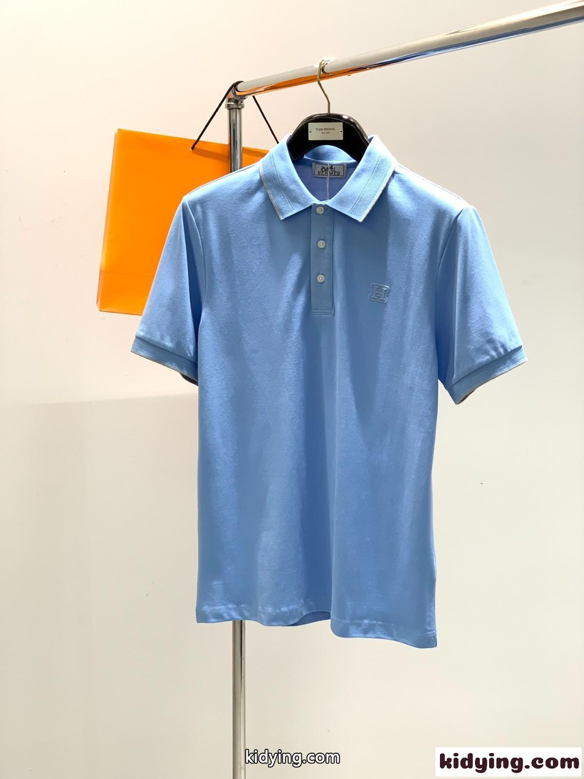 シンプル 合わせやすい メンズ ポロシャツ エルメス Tシャツ コピー ライトブルー-0