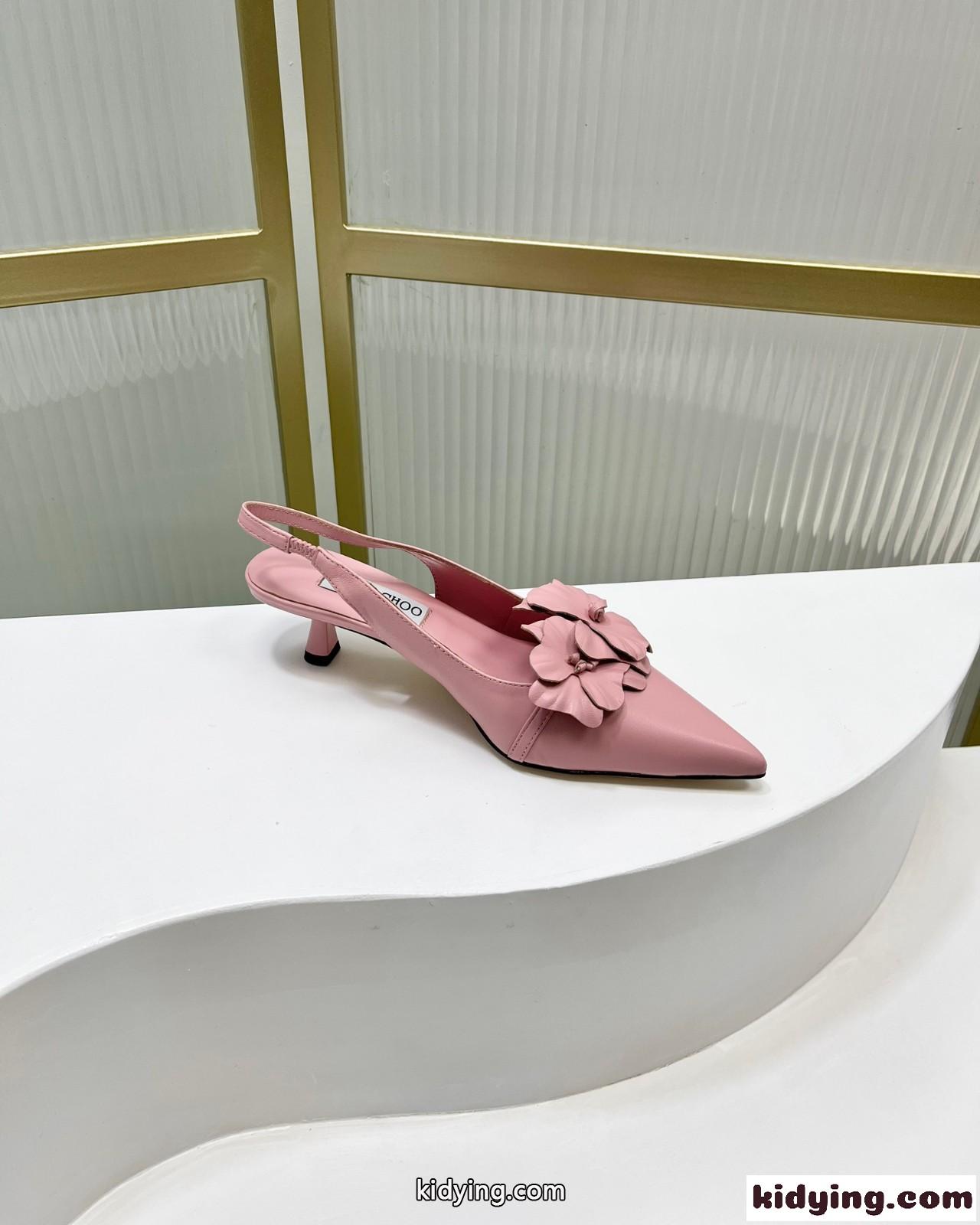 フラワー付き ナッパレザー・スリングバックパンプス ジミーチュウ パンプス コピー ピンク-2