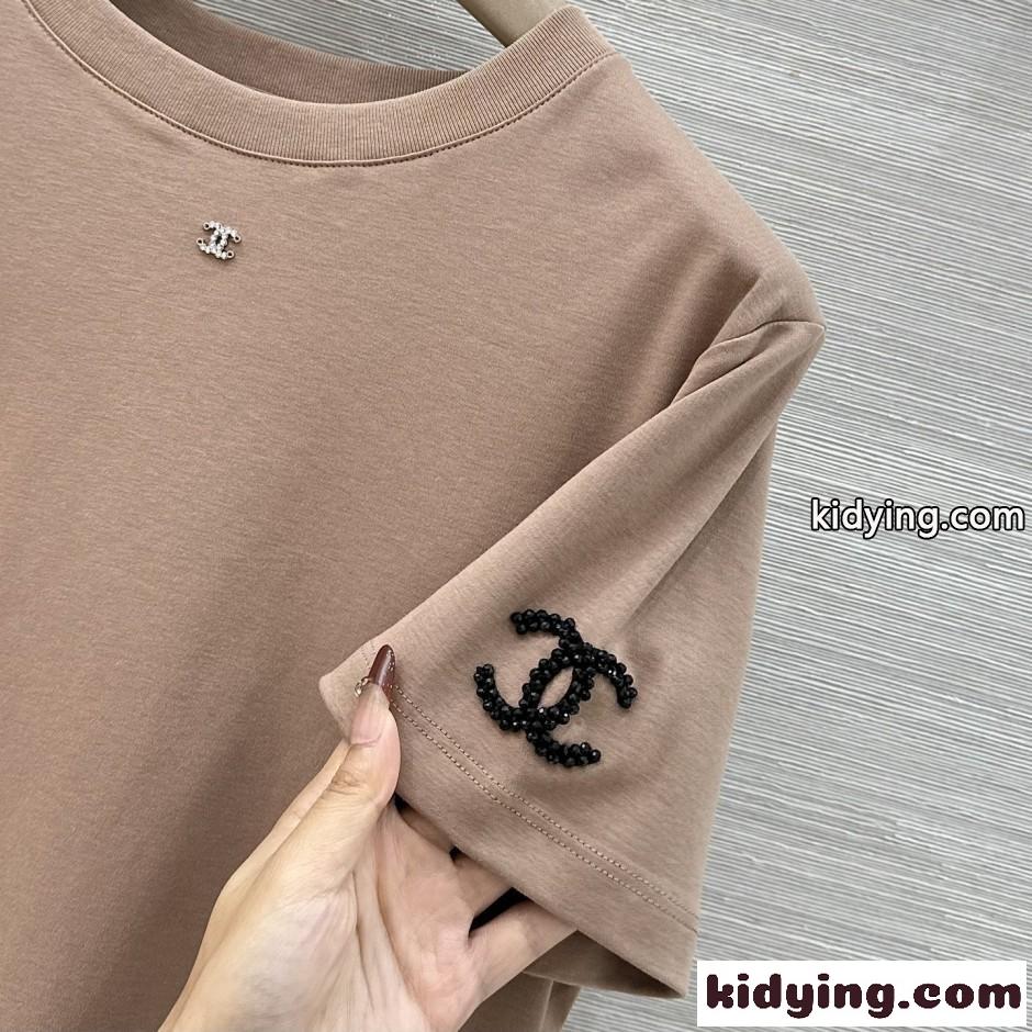 シンプル コットン 半袖Tシャツ シャネル Tシャツ コピー クルーネック トープ-2
