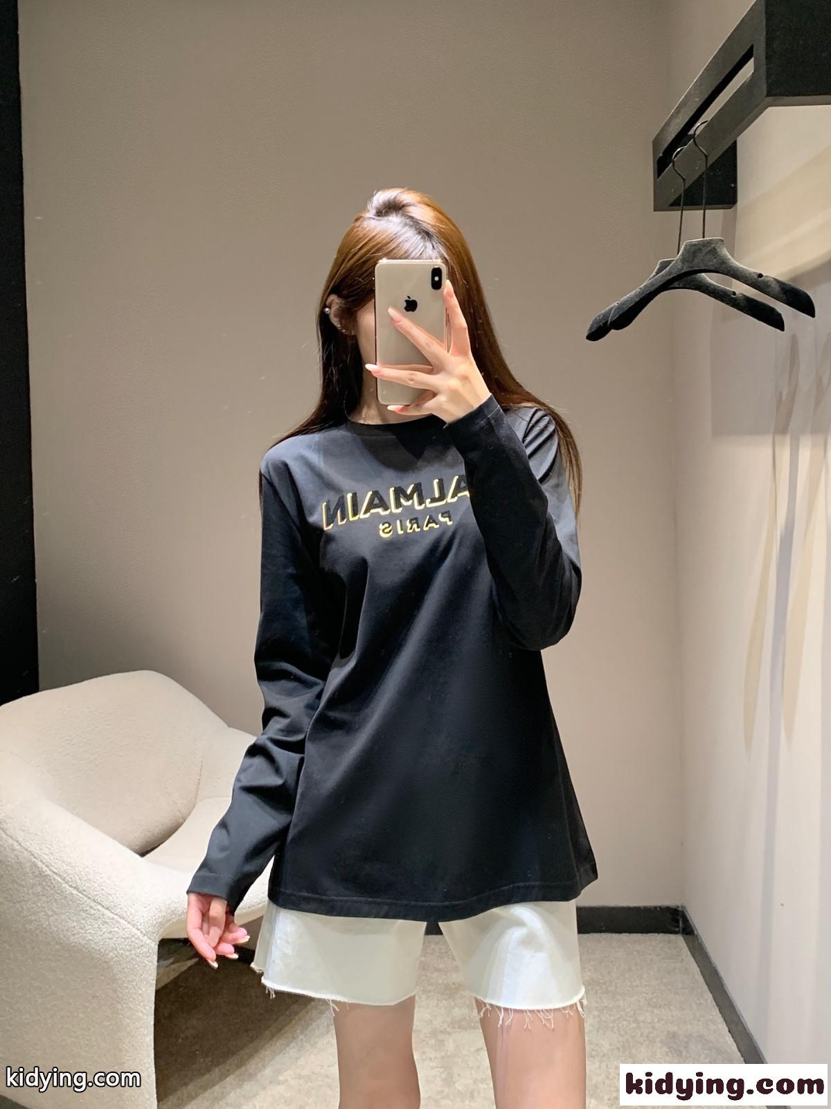シンプル ロゴプリント 長袖Tシャツ バルマン Tシャツ コピー コットン ブラック-5