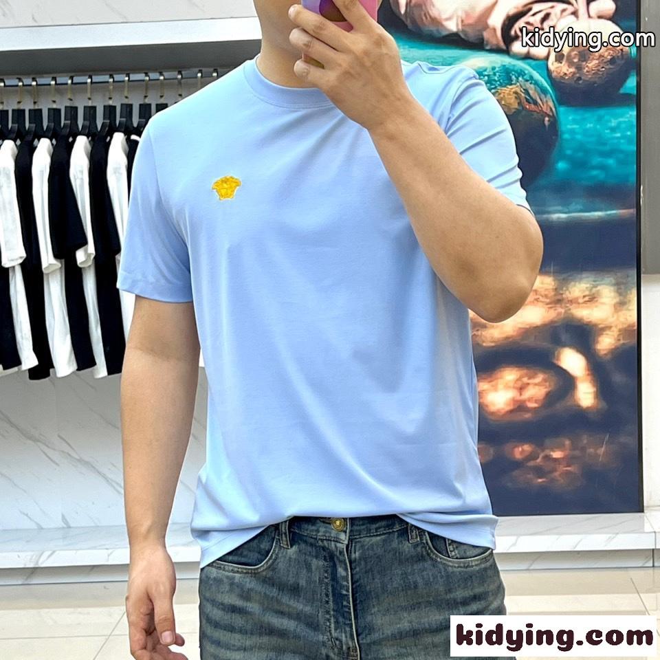 シンプル メドゥーサ刺繍 半袖Tシャツ ヴェルサーチェ Tシャツ コピー クルーネック ブルー-1