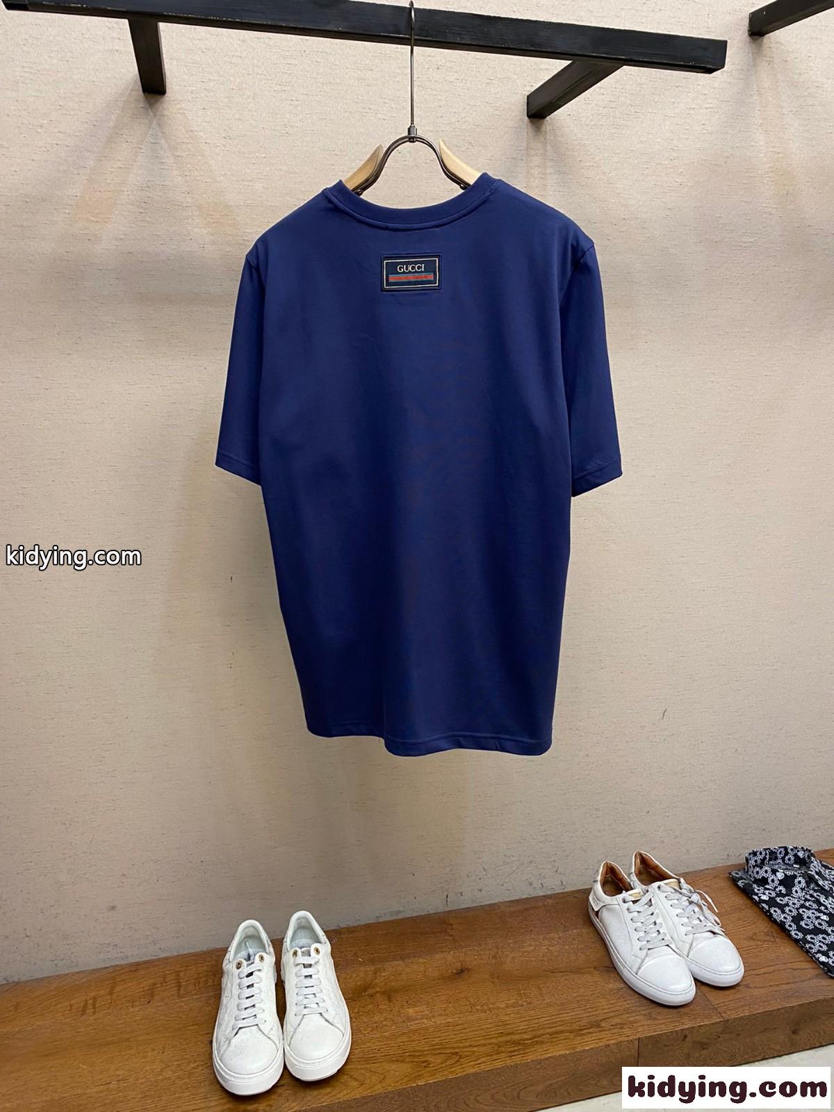 シンプル カジュアル コットン 半袖Tシャツ グッチ Tシャツ コピー ブルー-1