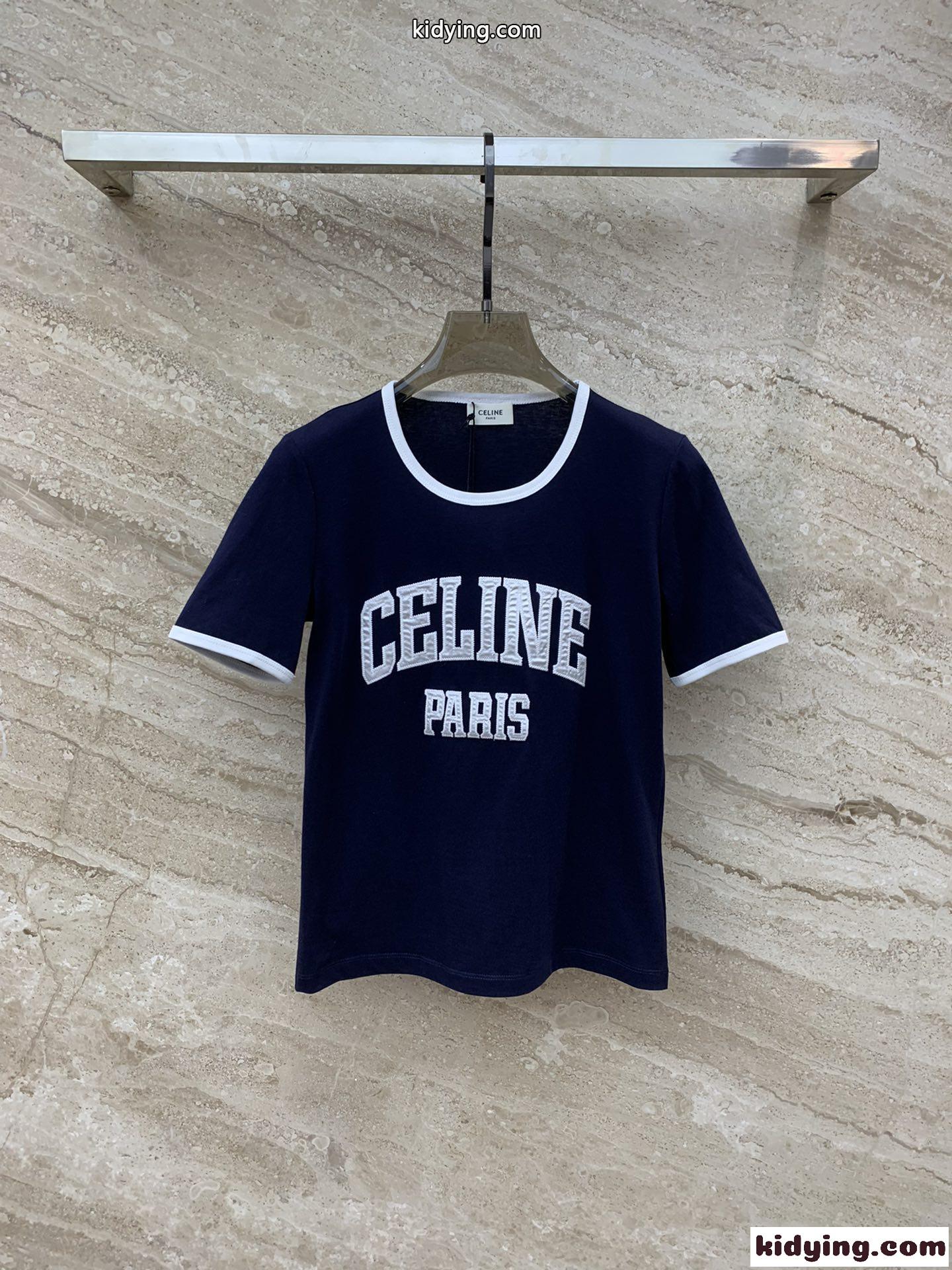 人気 定番 ロゴ クルーネック 半袖Tシャツ セリーヌ Tシャツ コピー ネイビー-1