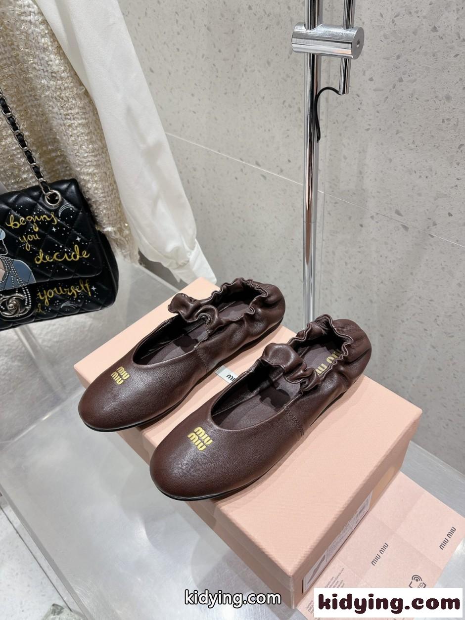 ルーシュ レザー バレリーナ ミュウミュウ シューズ コピー ブラウン-2