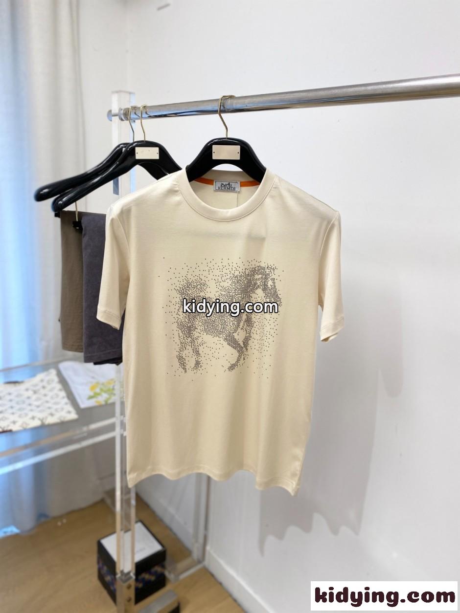 ラインストーン ホースモチーフ 半袖Tシャツ エルメス Tシャツ 偽物 ベージュ-0