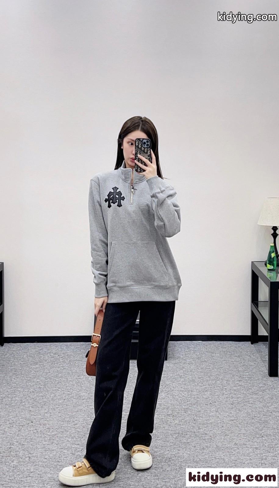 コットン ハーフジップ スウェットシャツ クロムハーツ Tシャツ 偽物 裏起毛 グレー-3