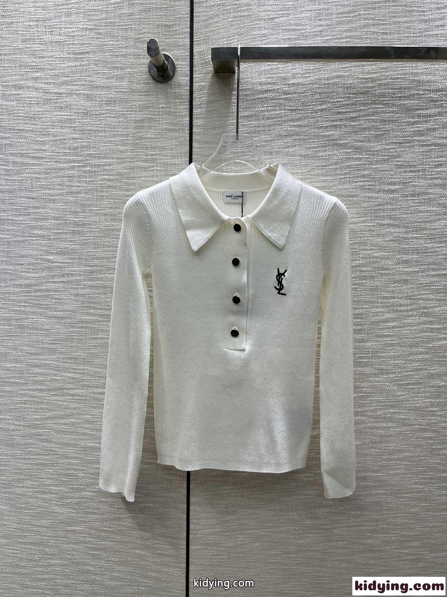 シンプル ロゴ刺繍 リブニット ポロ イヴ・サンローラン セーター コピー-1