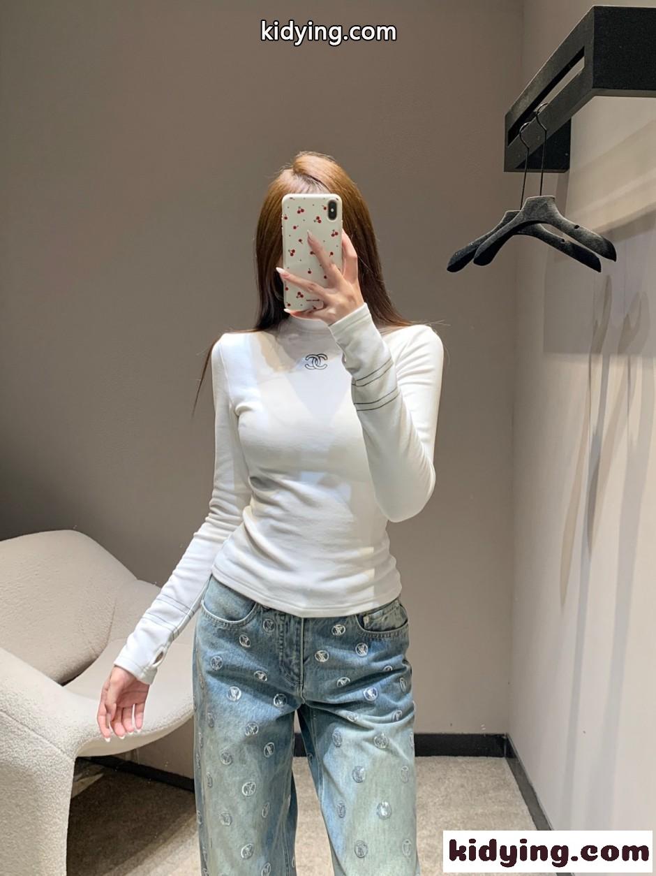 シンプル 洗練された モックネック トップス シャネル Tシャツ 偽物 ホワイト-4