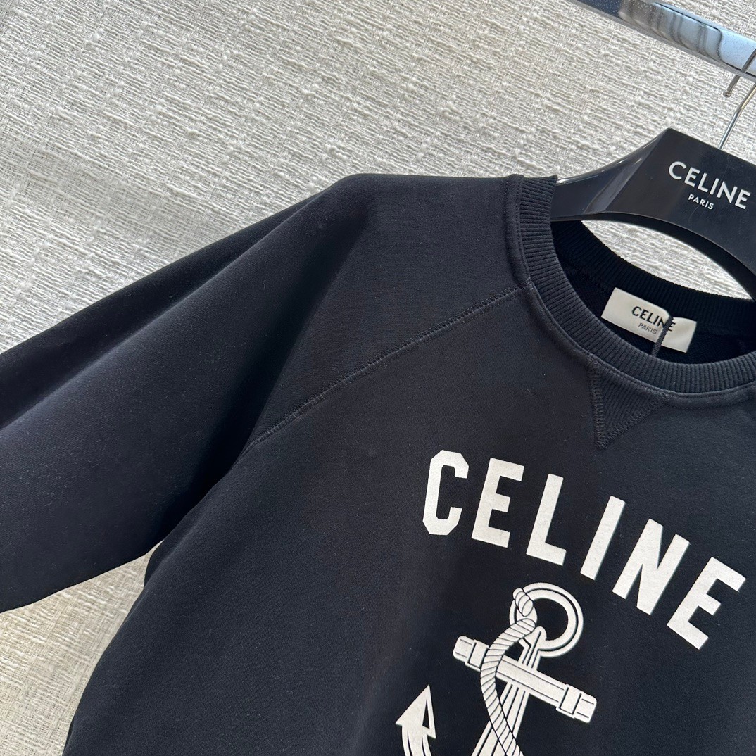 ロゴプリント クルーネック コットント レーナー セリーヌ Tシャツ コピー ブラック-1