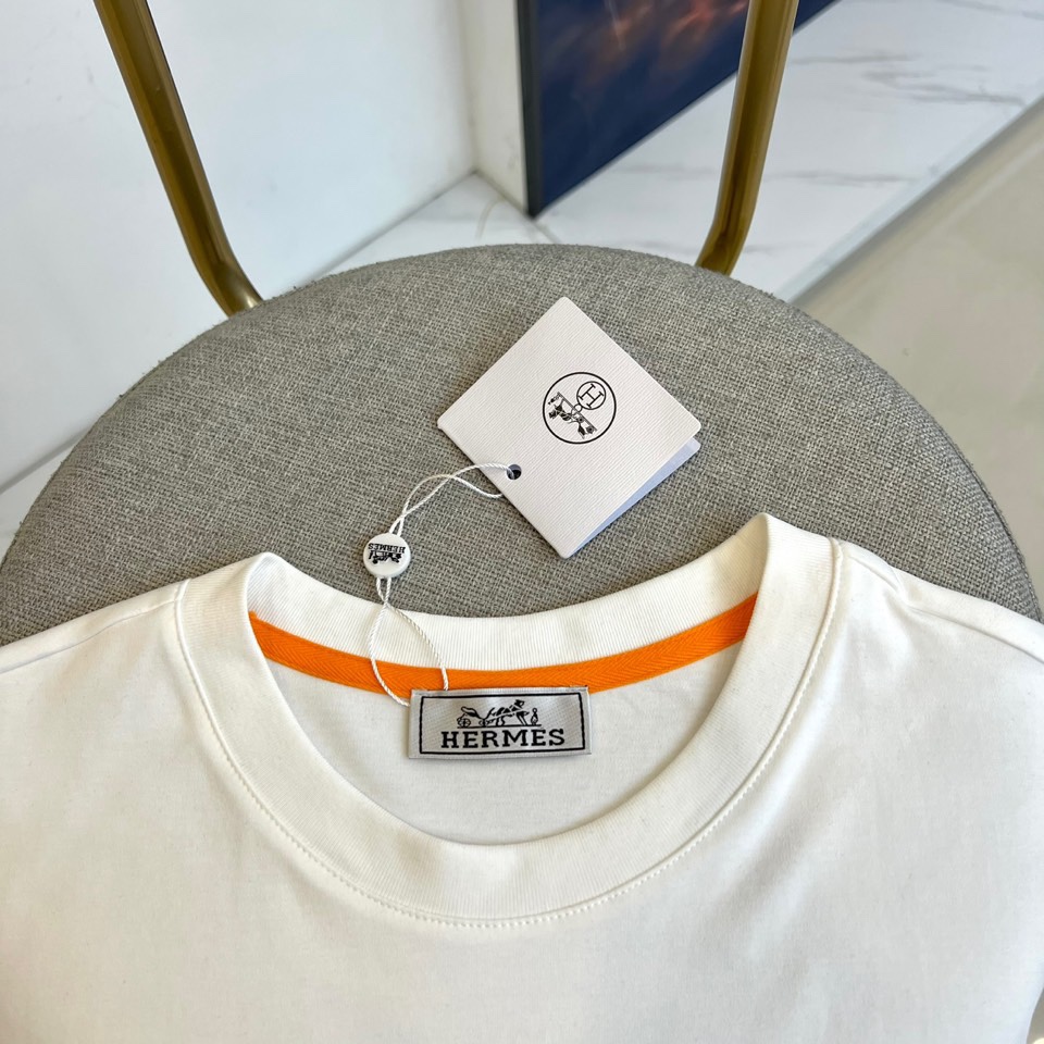 シンプル 上品 コットン クルーネック エルメス Tシャツ 偽物 半袖トップス ホワイト-4