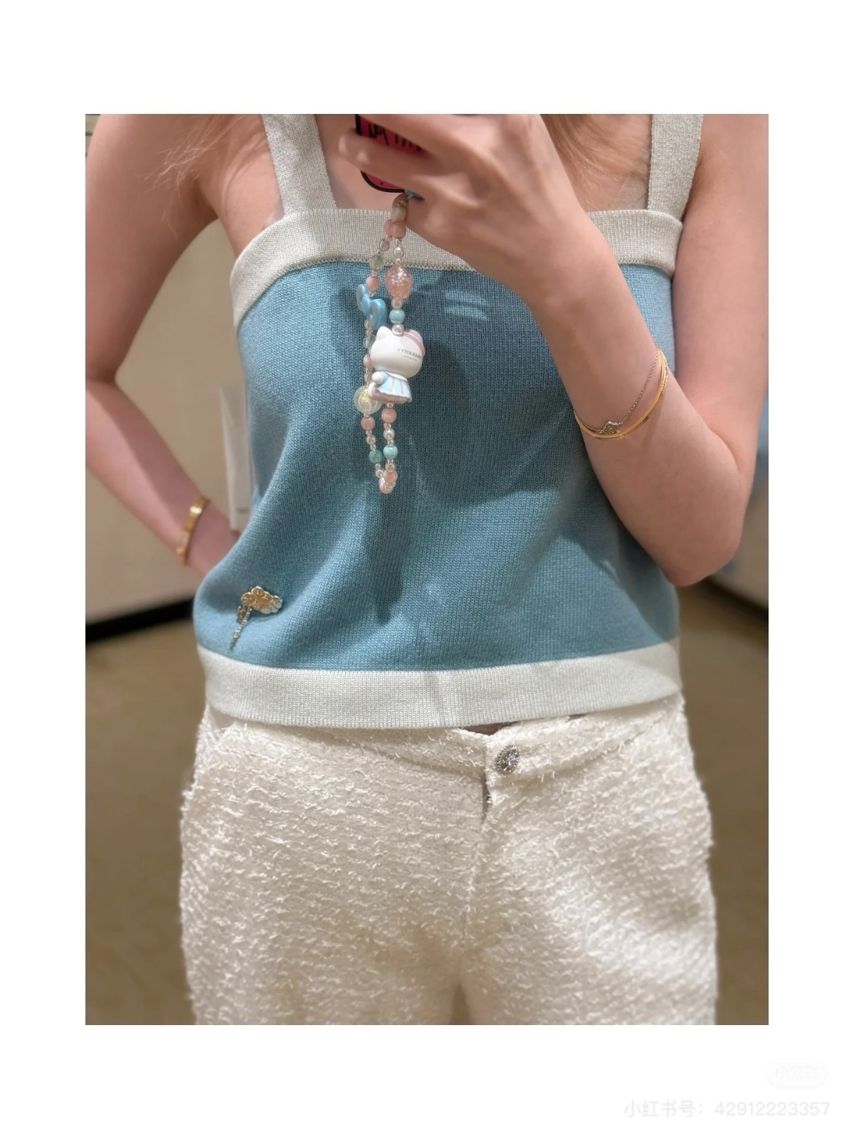 可愛い シャネル ニット コピー 配色 カシミヤ タンクトップ ブルー-4
