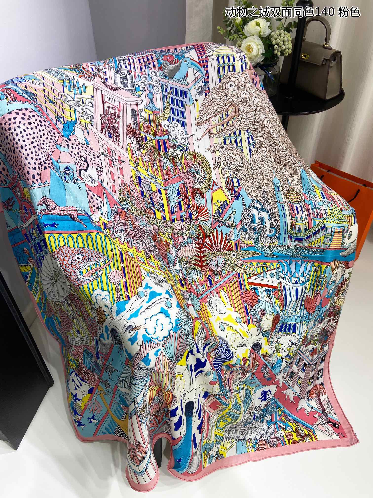 カレ140 ショール シルク＆カシミヤ Animapolis エルメス スカーフ コピー 140cm*140cm ピンク-3