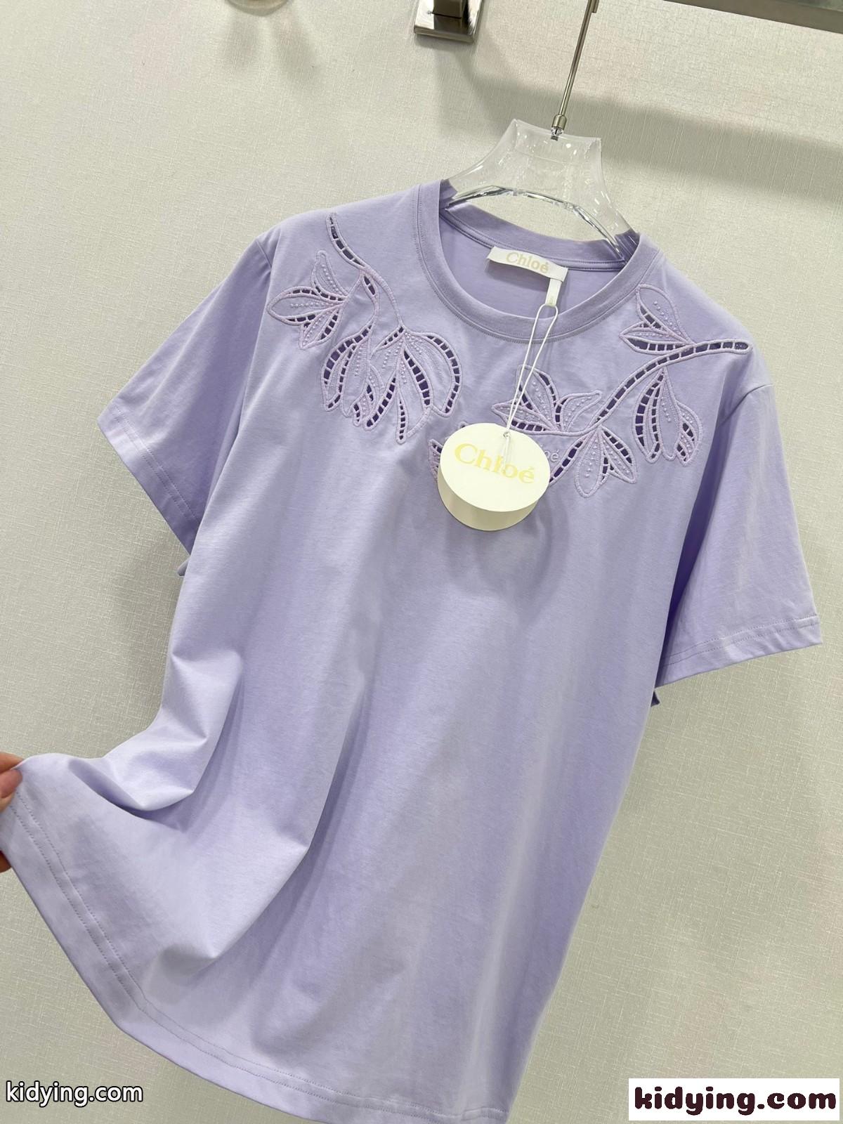 シンプル エレガント 刺繍入り 半袖Tシャツ クロエ Tシャツ コピー パープル-3