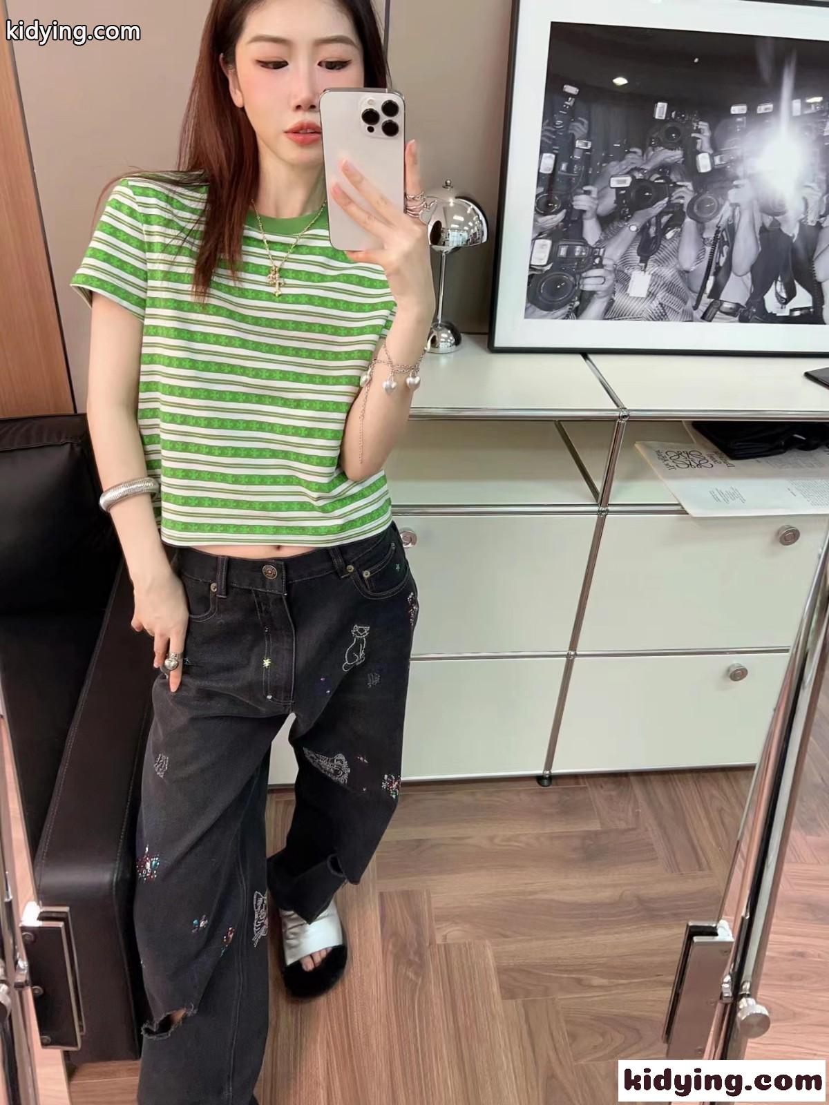 定番 ボーダー柄 クルーネック コットン 半袖Tシャツ クロムハーツ Tシャツ コピー レディース-4