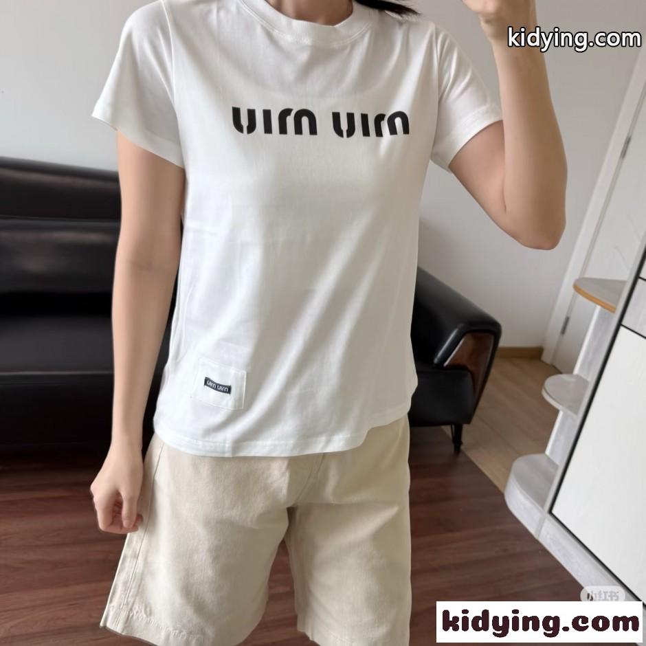 シンプル ロゴ入り コットン ミュウミュウ Tシャツ コピー ホワイト-5