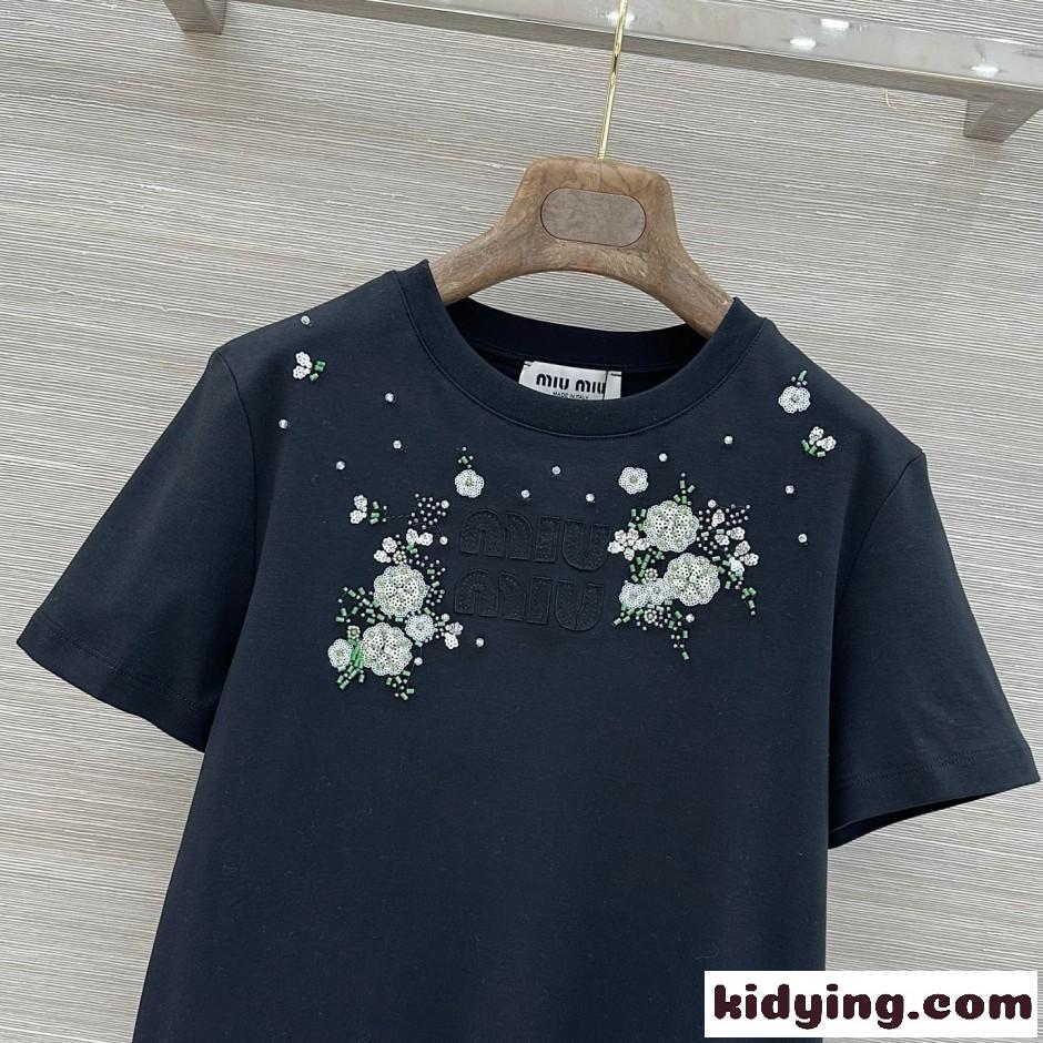 フラワー刺繍 クルーネックTシャツ ミュウミュウ Tシャツ コピー ブラック-2