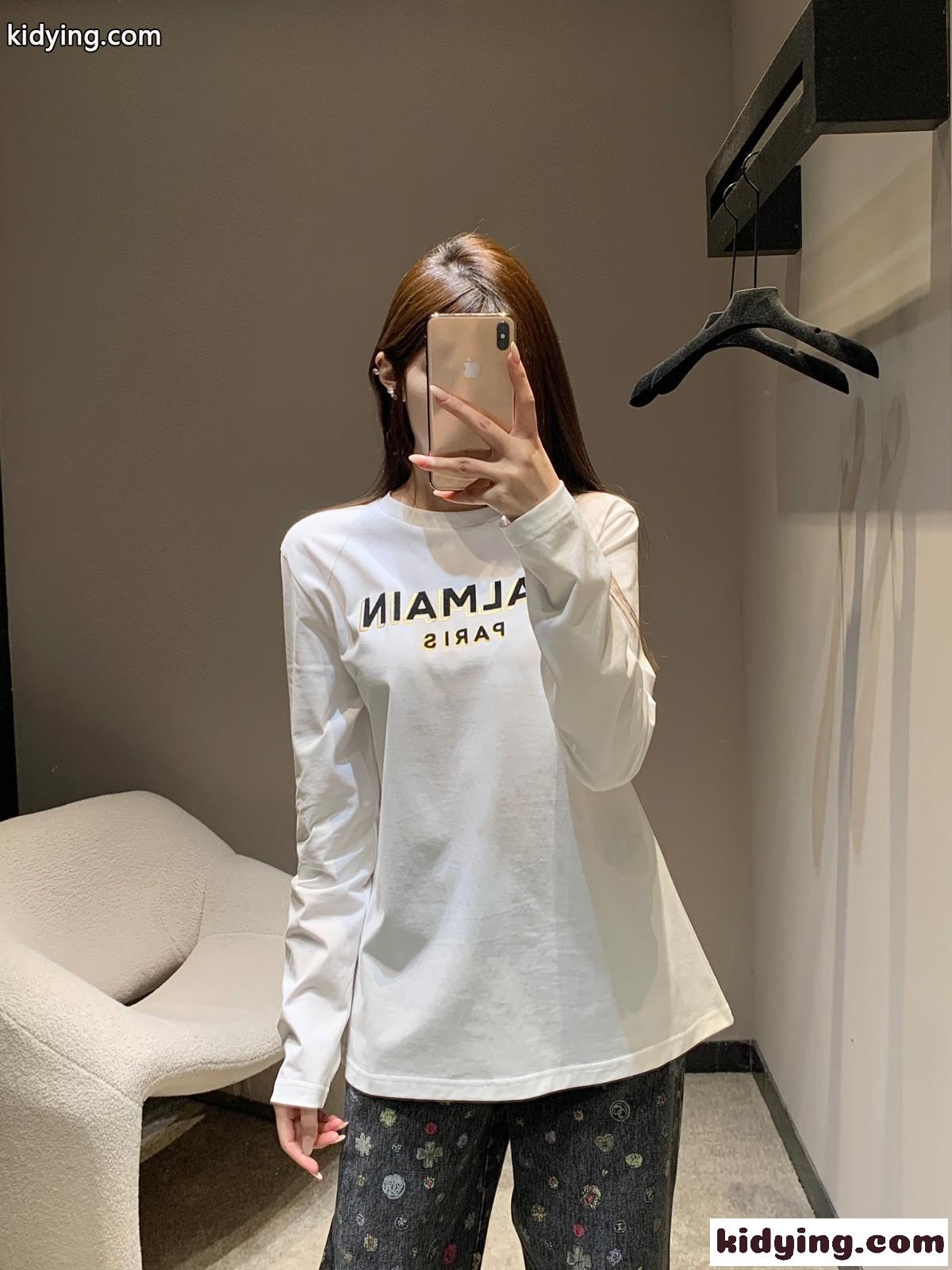 シンプル ロゴプリント 長袖Tシャツ バルマン Tシャツ コピー コットン ホワイト-0