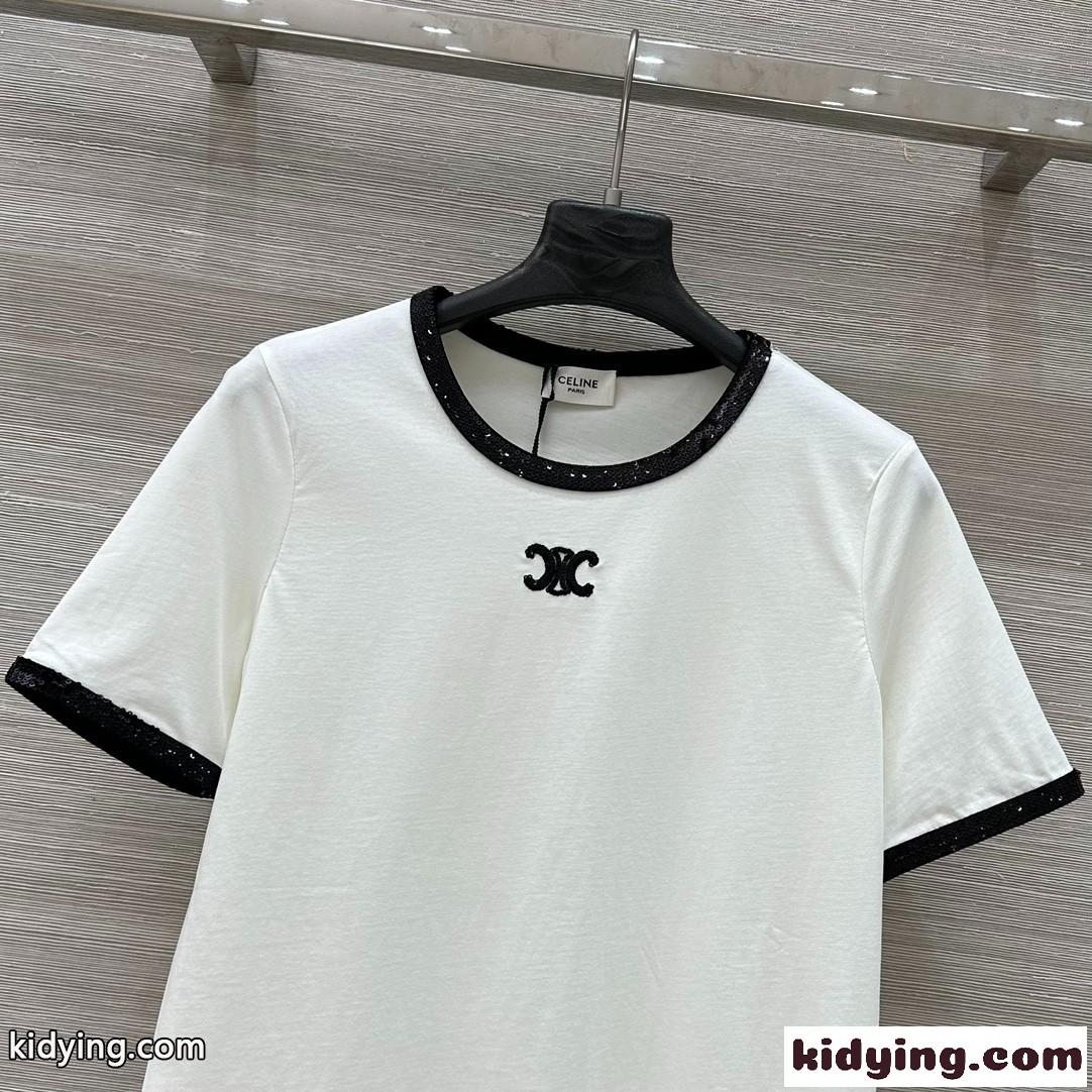 スパンコール付き クルーネック 半袖Tシャツ セリーヌ Tシャツ コピー 合わせやすい-1
