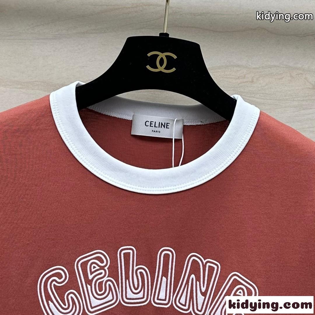 定番 人気 ロゴ クルーネック 半袖Tシャツ セリーヌ Tシャツ コピー レンガ-0